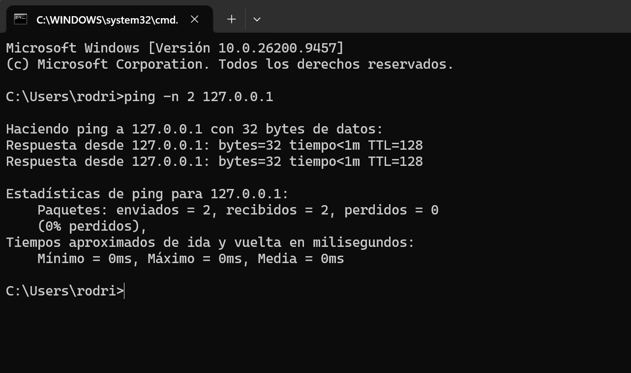 La consola de Windows después de ejecutar ping -n 2 127.0.0.1: dos respuestas de 127.0.0.1 y las estadísticas, con 0 paquetes perdidos