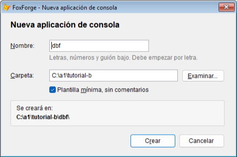 El asistente de FoxForge «Nueva aplicación de consola», con el nombre dbf, la carpeta y la plantilla mínima marcada
