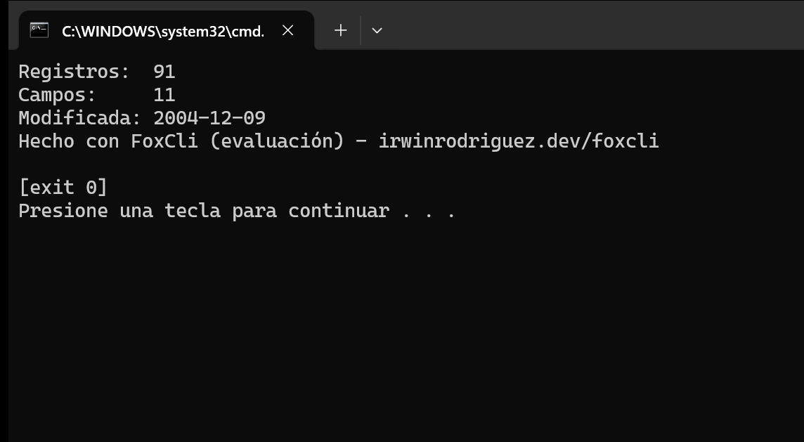 Una consola con la salida de dbf info: 91 registros, 11 campos, modificada el 2004-12-09, la línea de evaluación de FoxCli y exit 0