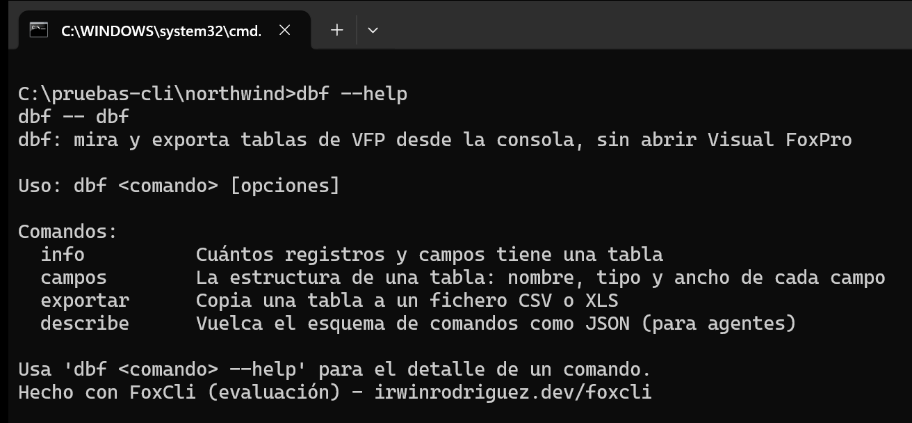 La ayuda general de dbf: la descripción de la CLI, el uso y la lista de comandos info, campos, exportar y describe