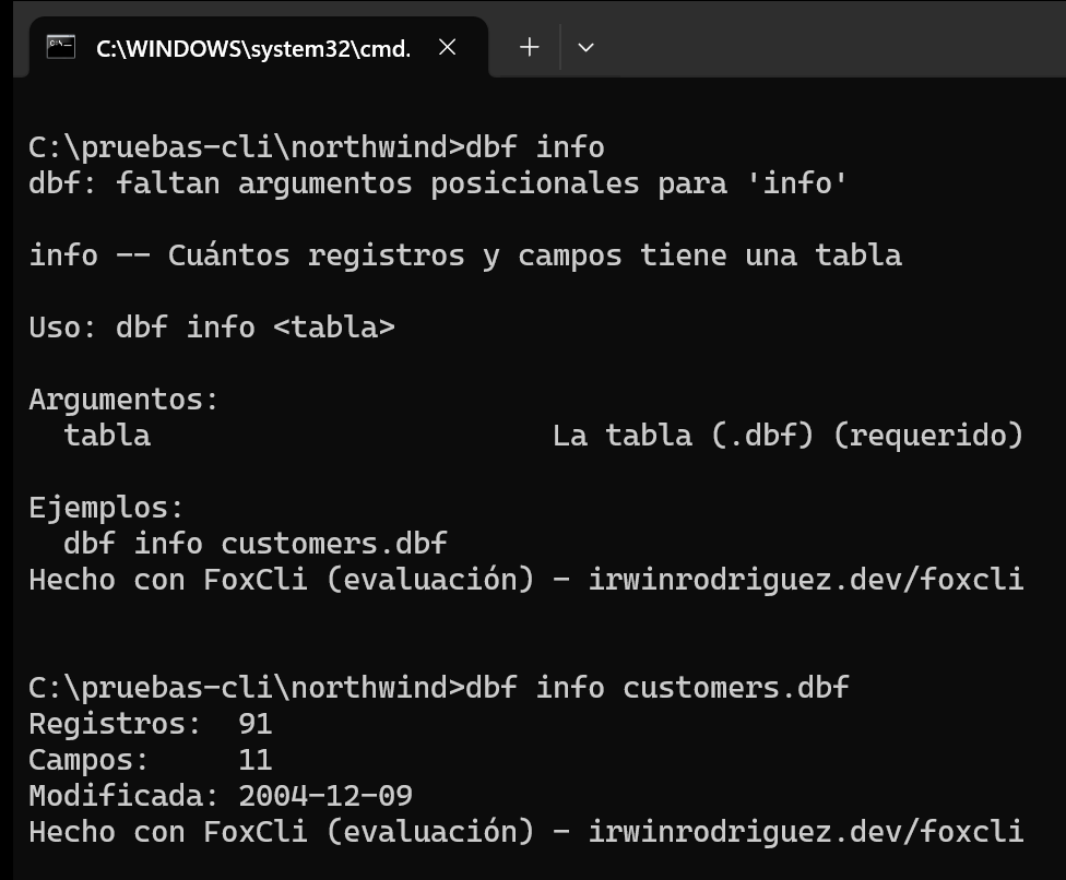 dbf info sin argumentos: faltan argumentos posicionales y la ayuda del comando; después dbf info customers.dbf con 91 registros y 11 campos