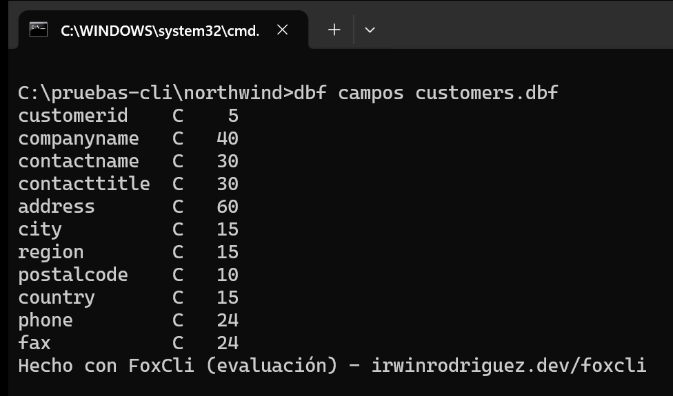 dbf campos customers.dbf: la lista de campos con su tipo y su ancho