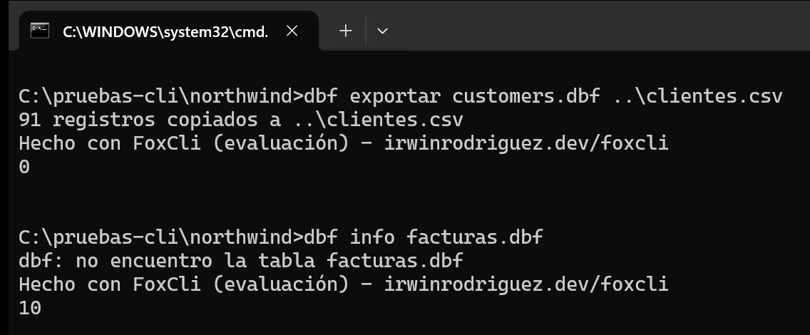 dbf exportar a ..\clientes.csv: 91 registros copiados y código 0; dbf info facturas.dbf: no encuentro la tabla y código 10