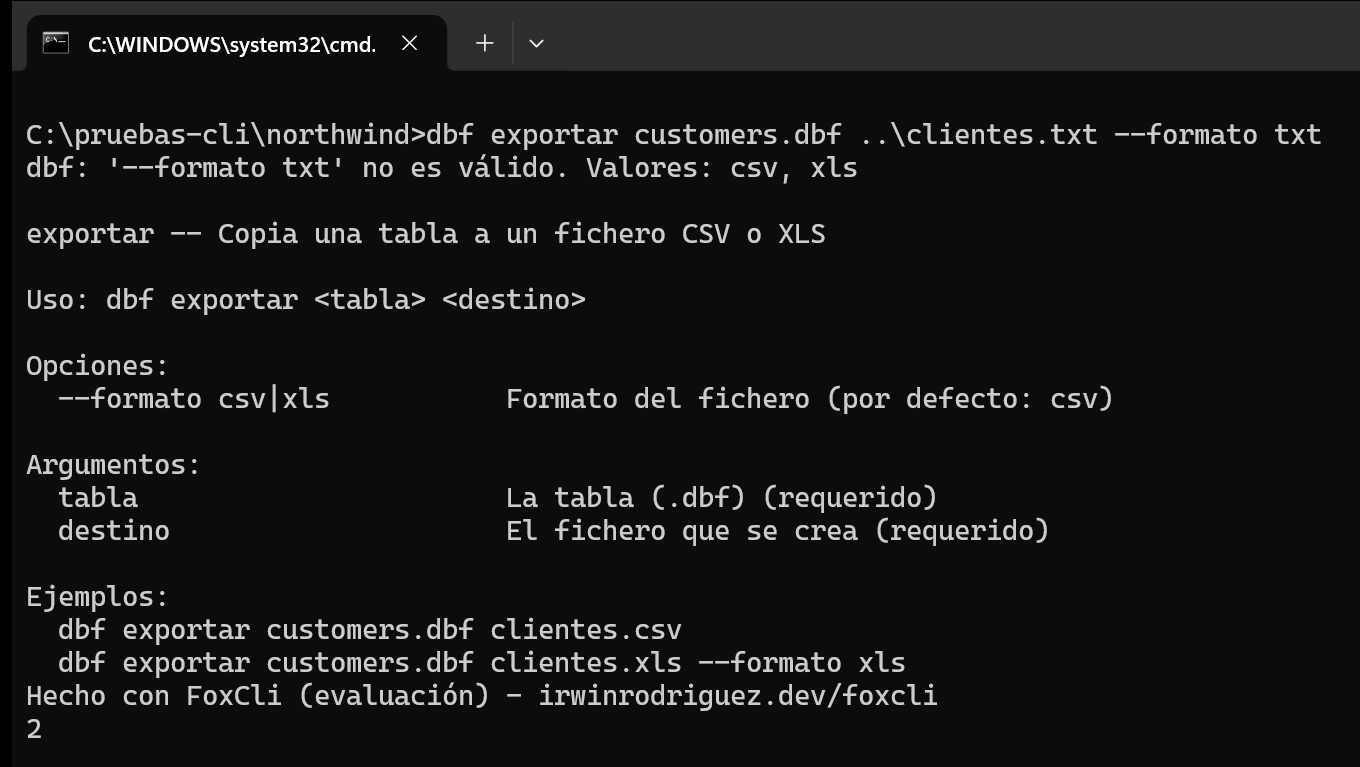 dbf exportar con el formato txt: no es válido, los valores son csv y xls, la ayuda del comando y código 2