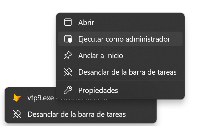 Menú del clic derecho sobre vfp9.exe en la barra de tareas, con Ejecutar como administrador resaltado