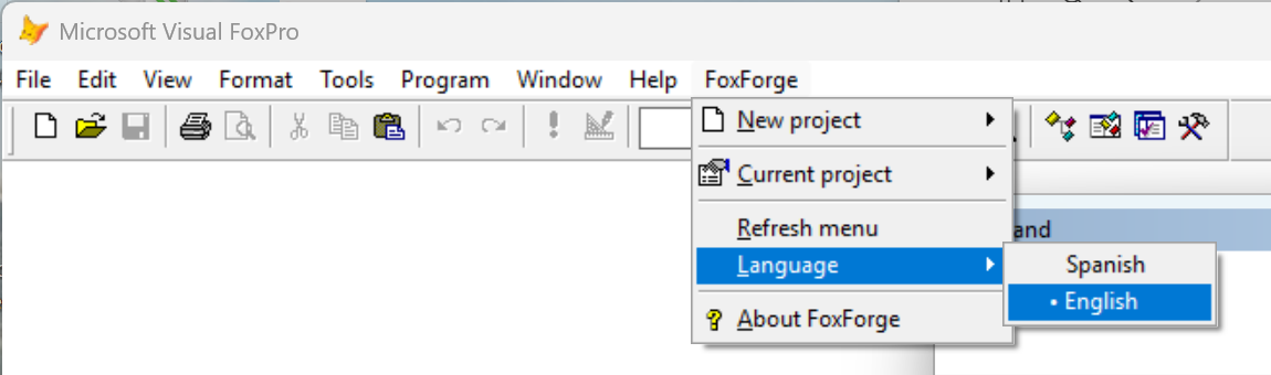 Geöffnetes Menü FoxForge › Language, mit English markiert