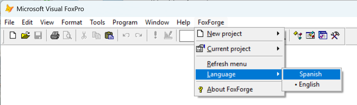 Menú FoxForge › Language abierto, con Spanish señalado