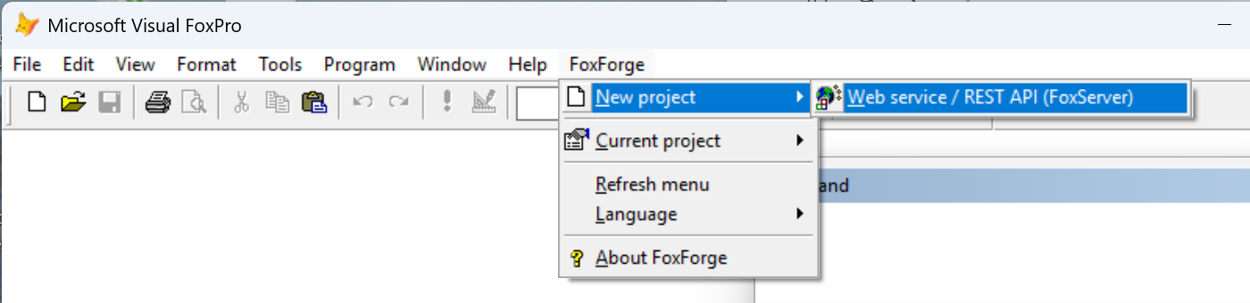 Menü FoxForge › New project › Web service / REST API (FoxServer)