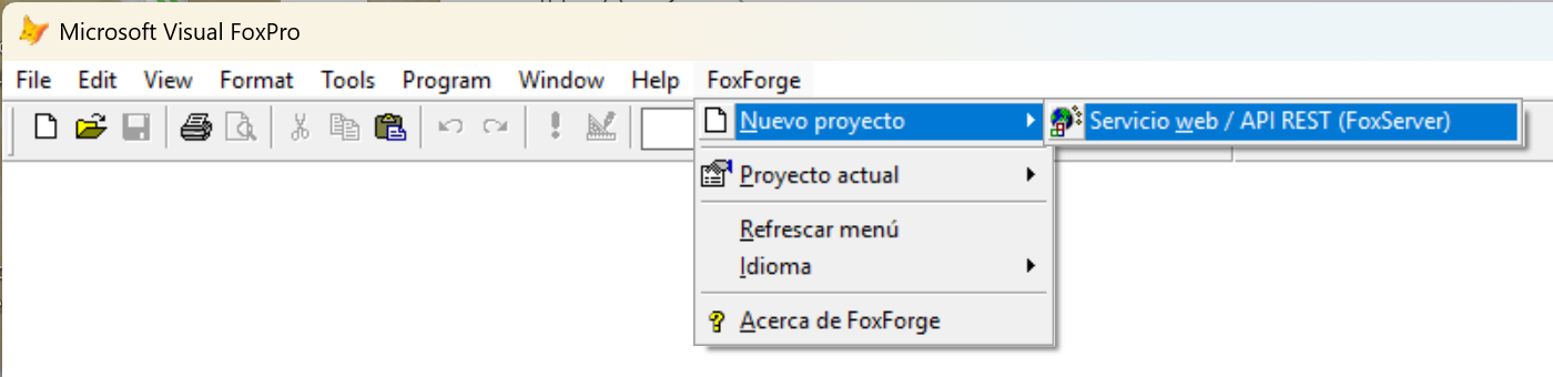 Menú FoxForge › Nuevo proyecto › Servicio web / API REST (FoxServer)