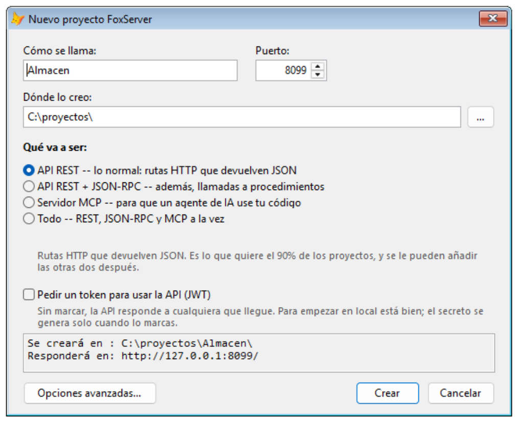 Asistente Nuevo proyecto FoxServer relleno con Almacen, puerto 8099 y la carpeta C:\proyectos