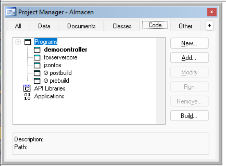 Project Manager de Almacen con la pestaña Code y los programas del proyecto