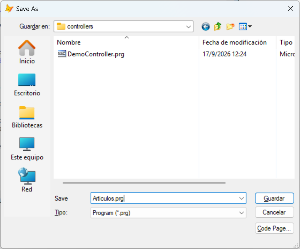 Diálogo Save As dentro de la carpeta controllers con el nombre Articulos.prg