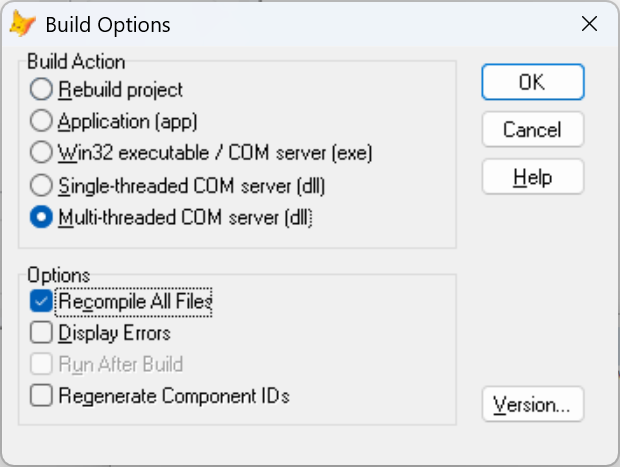 Build Options con Multi-threaded COM server (dll) y Recompile All Files marcados