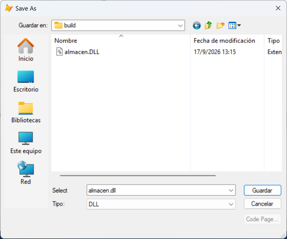 Diálogo Save As dentro de la carpeta build con el nombre almacen.dll