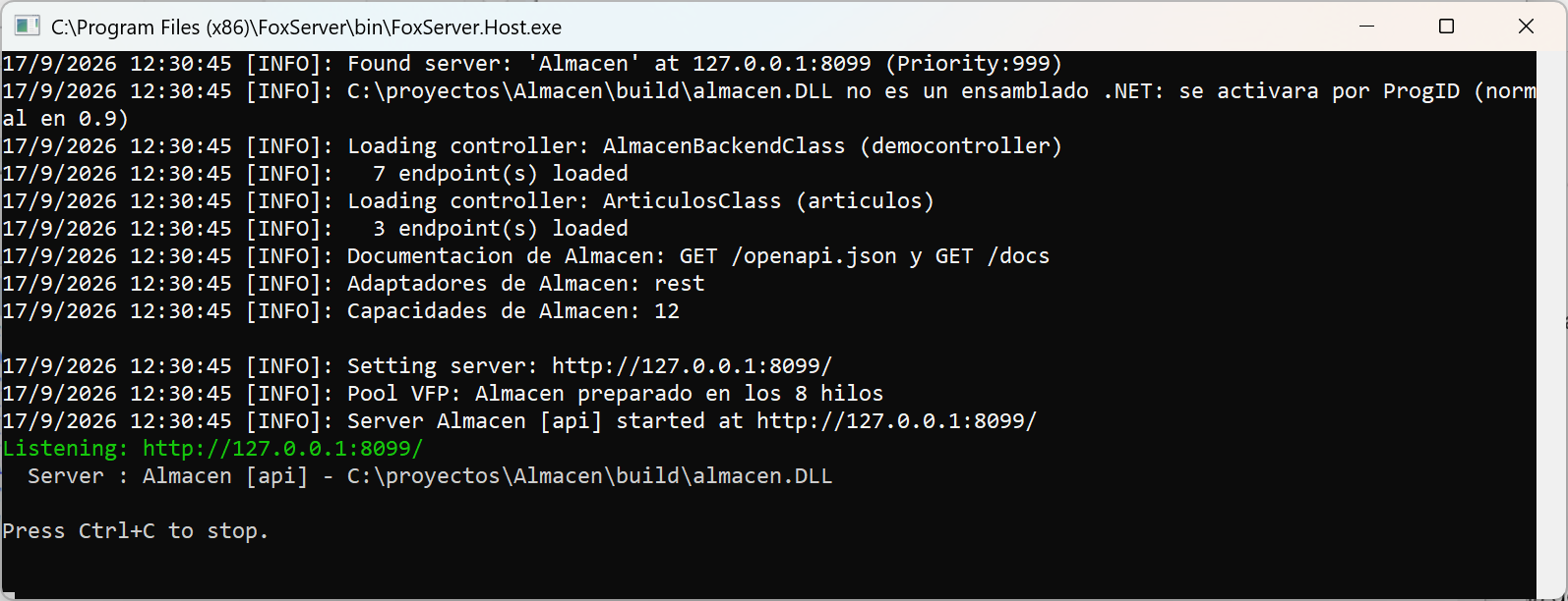 Ventana del servidor FoxServer con 3 endpoint(s) loaded y Listening en http://127.0.0.1:8099/