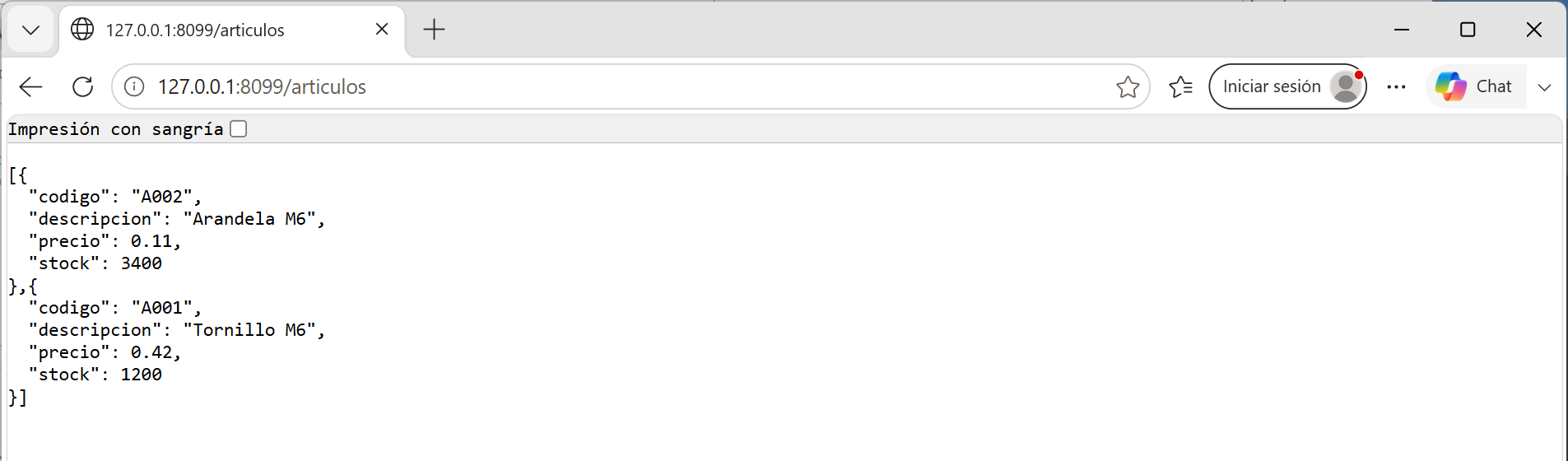 Navegador en http://127.0.0.1:8099/articulos con los dos artículos en JSON