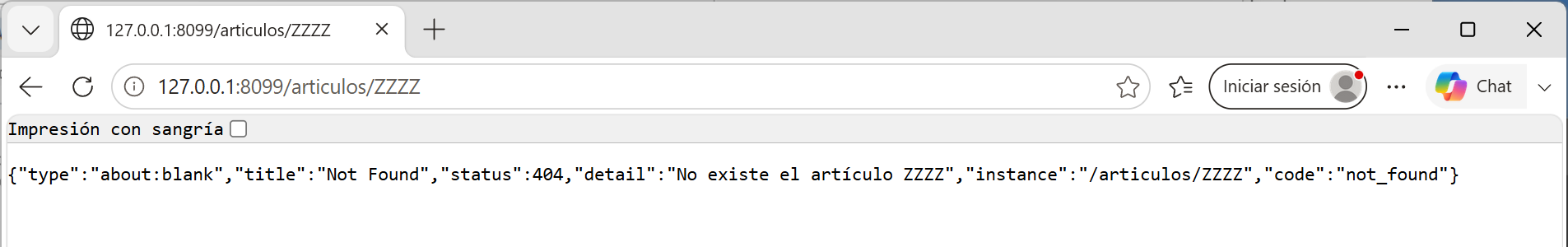 Navegador en /articulos/ZZZZ con el error 404 No existe el artículo ZZZZ