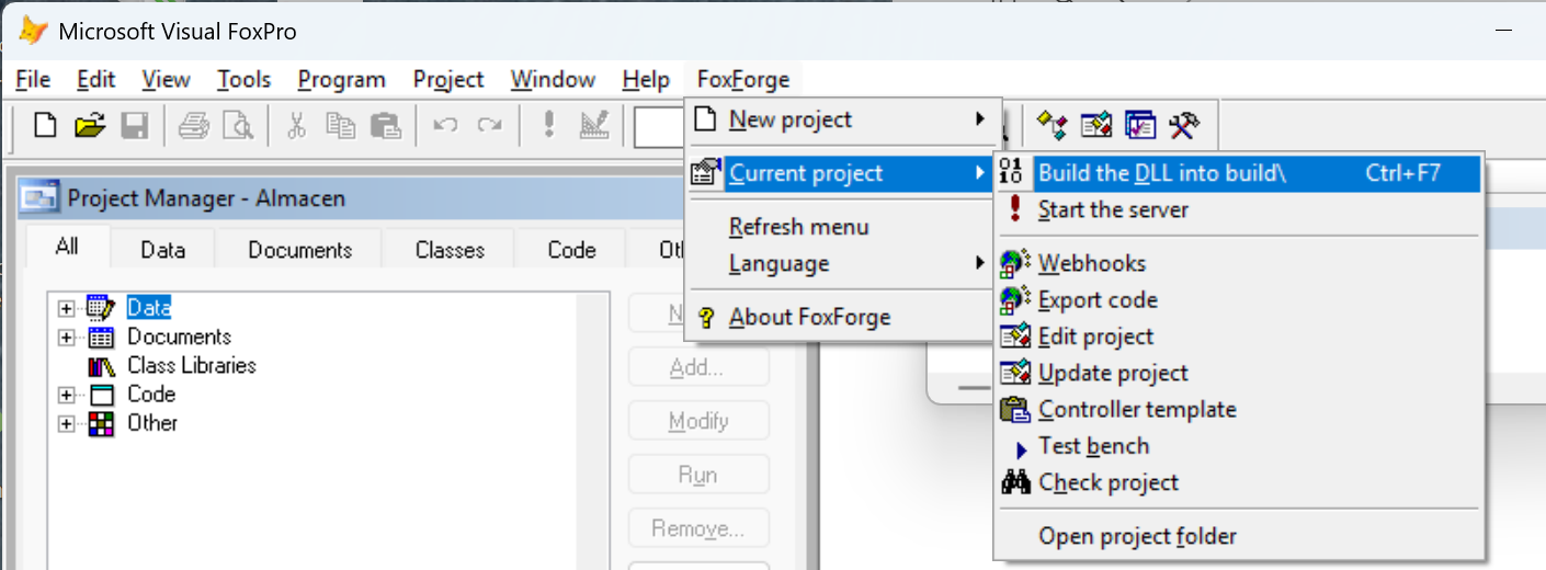 Menü FoxForge › Current project mit Build the DLL into build\ (Strg+F7) und Start the server ganz oben