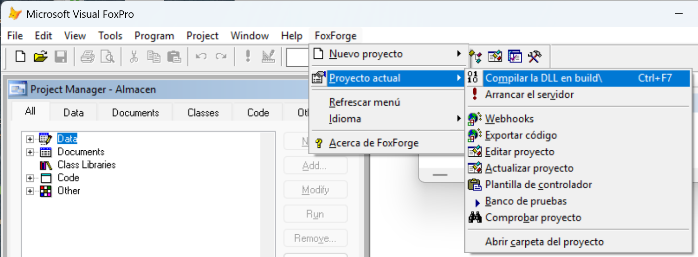Menú FoxForge › Proyecto actual con Compilar la DLL en build\ (Ctrl+F7) y Arrancar el servidor arriba del todo