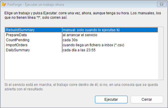La ventana «Ejecutar un trabajo ahora», con RebuildSummary, el trabajo manual, el primero de la lista y seleccionado