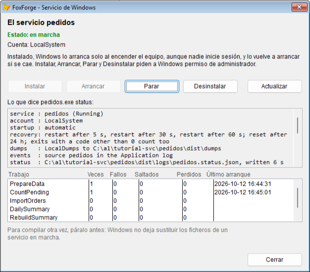 La ventana «Servicio de Windows» con el servicio pedidos en marcha, la cuenta LocalSystem, los botones Parar y Desinstalar activos, lo que dice status y, debajo, una fila por trabajo con las veces que ha corrido, sus fallos, sus saltos y su último arranque
