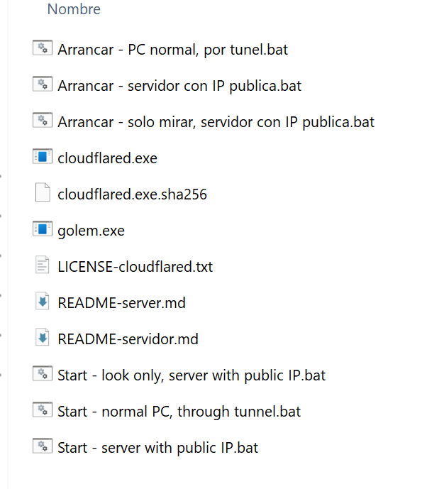 Carpeta del kit de Golem descomprimida, con seis ficheros .bat de nombres parecidos, golem.exe, cloudflared.exe y dos README