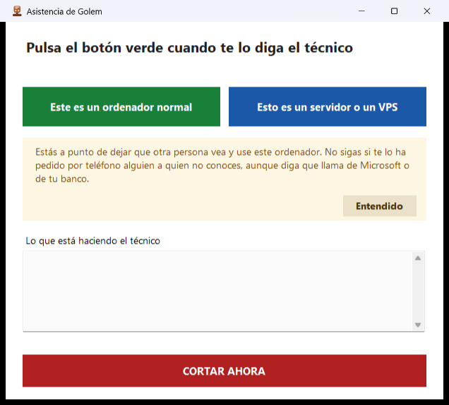 Ventana de Asistencia de Golem recién abierta, con dos botones para decir qué tipo de ordenador es, el aviso contra el fraude y el botón rojo de cortar