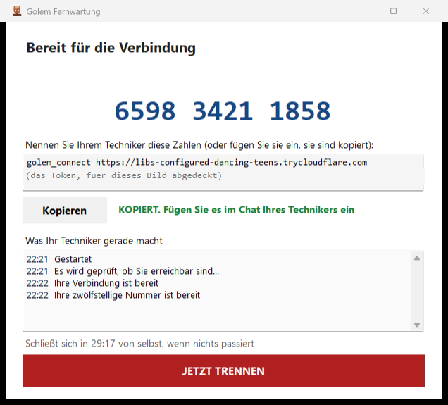 Dasselbe Fenster nach dem Verbinden, mit der Nummer 6598 3421 1858 in großer Schrift, der Verbindungszeile darunter, dem Kopierhinweis und dem Protokoll