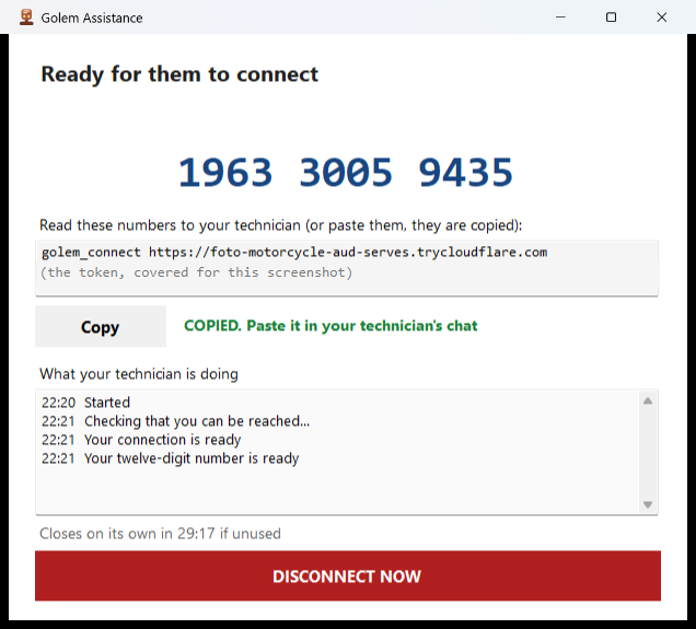 The same window once connected, with the number 1963 3005 9435 in large type, the connection line below it, the copied notice and the log of what is happening