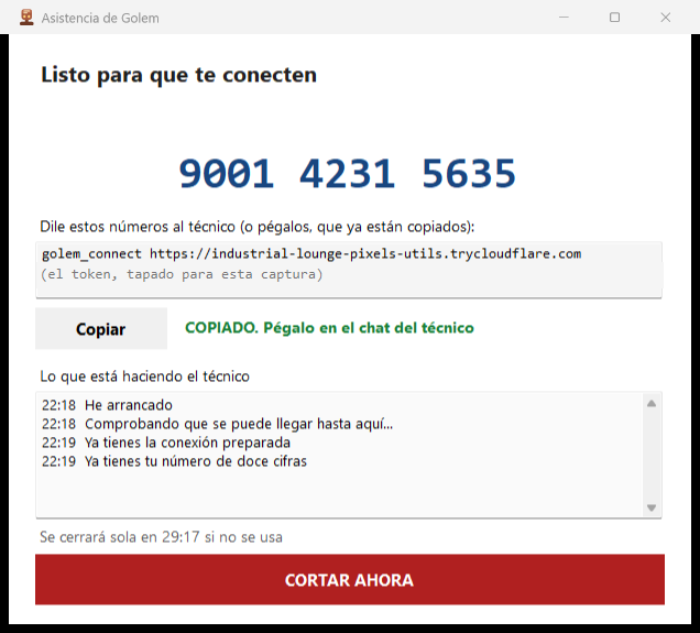 La misma ventana ya conectada, con el número 9001 4231 5635 en grande, la línea de conexión debajo, el aviso de copiado y el diario de lo que va pasando