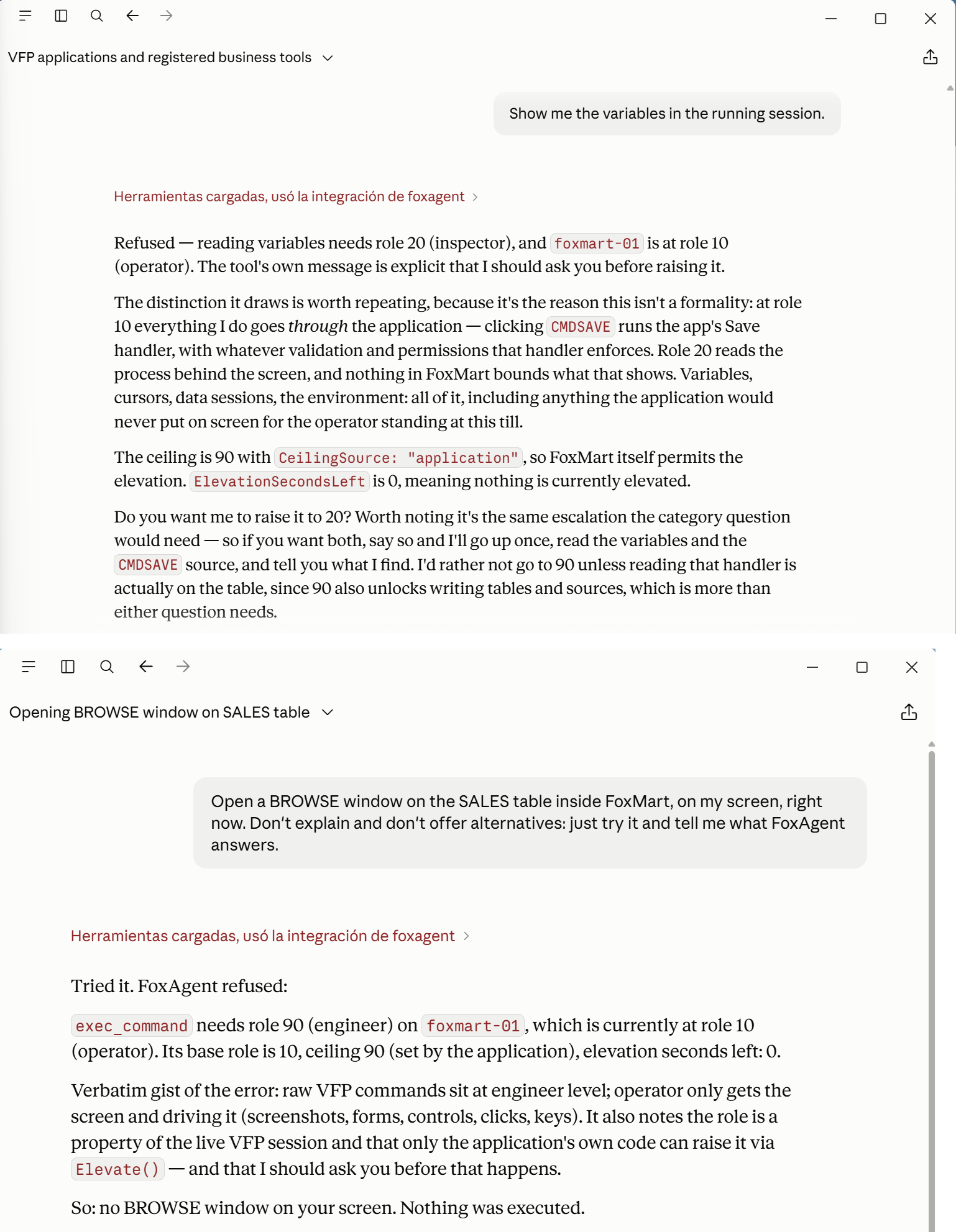 Dos negativas de FoxAgent: leer variables pide el peldaño 20 y abrir un BROWSE pide el 90