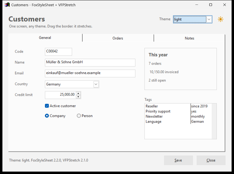 El ejemplo de FoxStyleSheet con el tema light