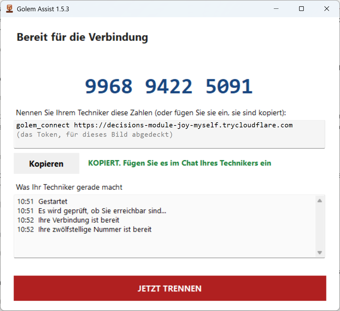 Das verbundene Fenster von Golem Assist 1.5.3, mit der zwölfstelligen Nummer in großer Schrift, der Kopieren-Schaltfläche und der roten Trennen-Schaltfläche
