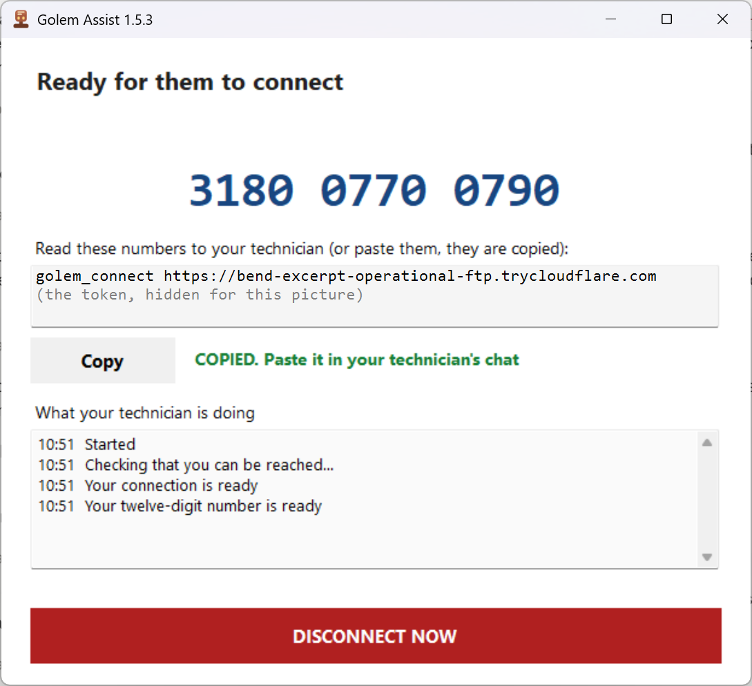 The Golem Assist 1.5.3 window once connected, with the twelve-digit number in large type, the copy button and the red disconnect button