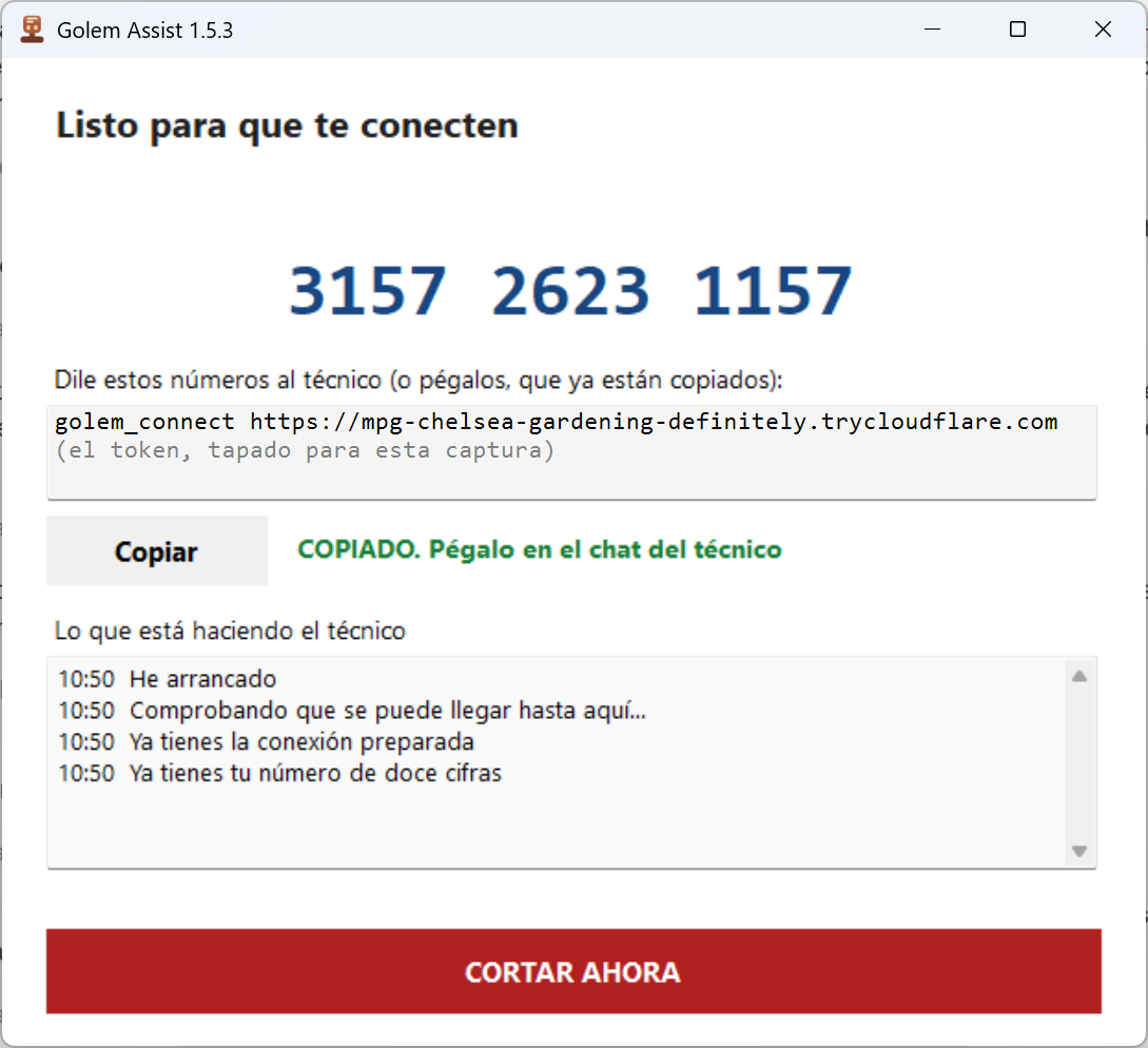 La ventana de Golem Assist 1.5.3 conectada, con el número de doce cifras en grande, el botón de copiar y el botón rojo de cortar