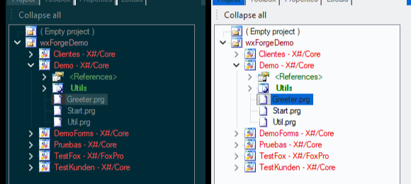 XIDE's project tree with a dark theme and with a light one: the names of the applications, the references and the files are readable in both