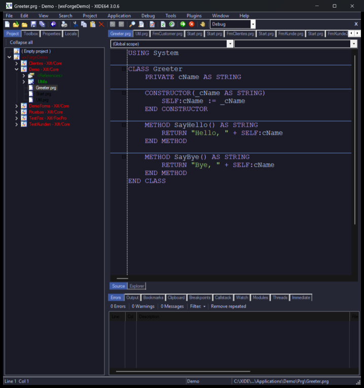XIDE with wxForge's Tokyo Night theme: the editor, the project tree, the pads, the tabs and the menu bar in the theme's colors